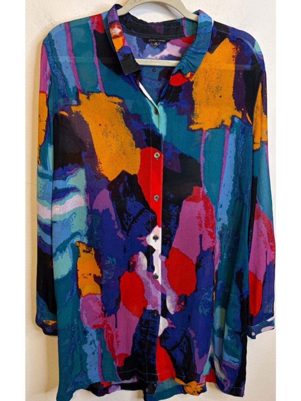 John Mark Tunic Dress Button Down Top Wired Collar Blouse Medium Colorful